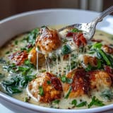 A close-up of rich Garlic Parmesan Chicken Soup with tender chicken pieces and wilted spinach in a velvety broth.