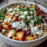 A top-down view of a hearty winter grain bowl filled with roasted root vegetables and vibrant greens, drizzled with creamy tahini dressing.