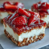 Delectable Strawberry Pretzel Salad bars bursting with fruity strawberry jelly and cream cheese.