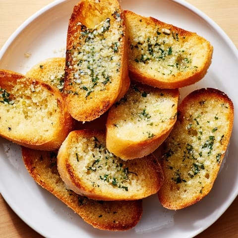 Close-up of freshly baked garlic bread, showcasing its buttery, golden-brown crust ready to serve.