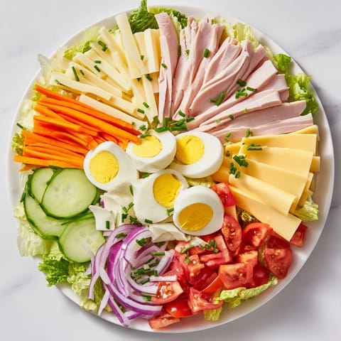 A vibrant, fully loaded Chef Salad featuring fresh greens and tangy vinaigrette dressing.