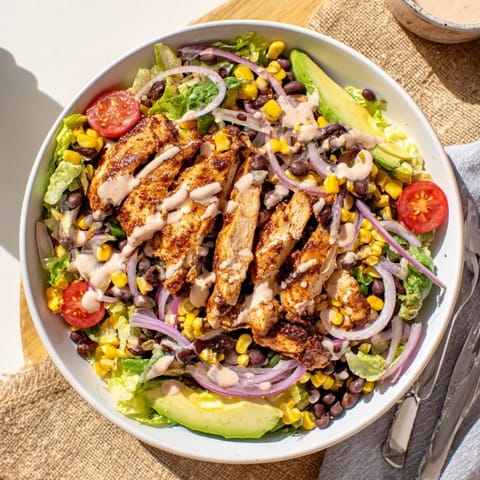 A hearty BBQ Chicken Salad with juicy chicken, smoky corn, and fresh tomatoes in a large bowl.