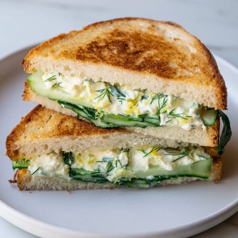 Whipped feta spring grilled cheese with golden toasted sourdough, creamy tangy feta, and fresh dill.