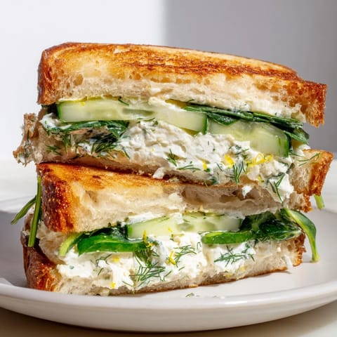 Spring grilled cheese with whipped feta spread, bright lemon, and melted cream cheese inside.