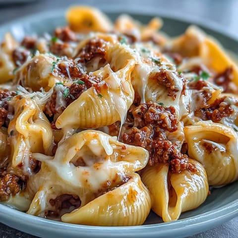 One pot creamy beef and shells steaming in a skillet, with melted cheddar and Parmesan clinging to the pasta shells and ground beef.