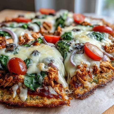 Broccoli Chicken Crust Pizza fresh from the oven, sliced into wedges, with fresh basil leaves and chili flakes garnishing the vegetable-loaded top.  