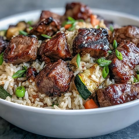 Tender steak cubes and colorful vegetables in fried rice, sizzling in a skillet. Easy Hibachi Steak With Fried Rice is served steaming hot for a savory weeknight dinner.