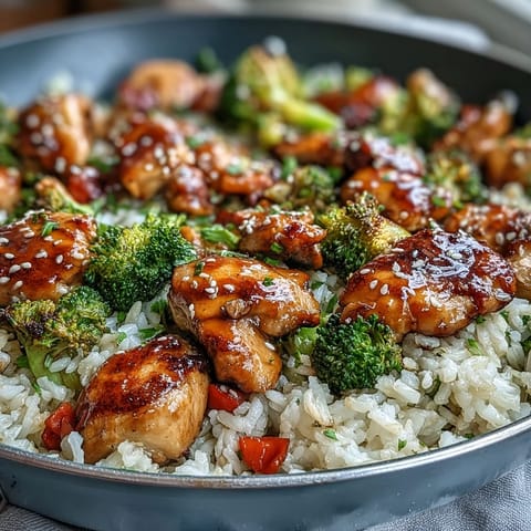 A one-pan honey garlic chicken broccoli rice dinner with tender vegetables and savory, sweet sauce ready to serve for a family meal.