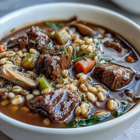 Tender beef and pearl barley simmer in a rich broth with carrots and peas in this Beef and Barley Soup.  