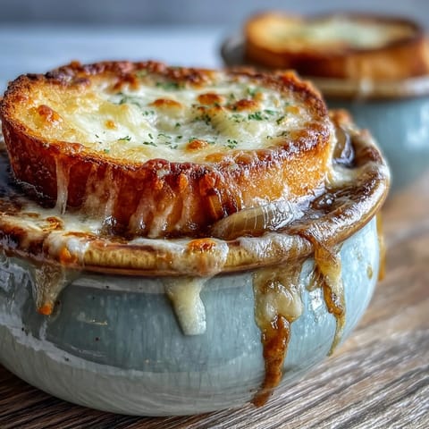 A steaming bowl of French Onion Soup with melted Gruyère bubbling over a toasted baguette slice.  