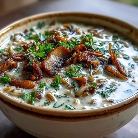 Spoon lifting from a creamy bowl of Wild Rice Mushroom Soup, featuring hearty wild mushrooms, carrots, and celery, served as a cozy dinner option.  