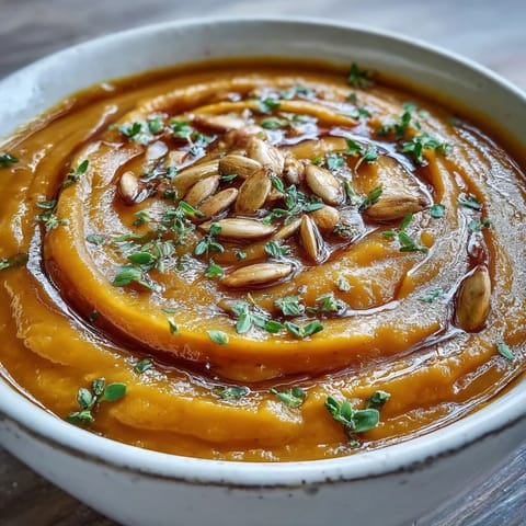 A close-up of creamy, velvety butternut squash soup in a white bowl, garnished with toasted pumpkin seeds and a drizzle of maple syrup.