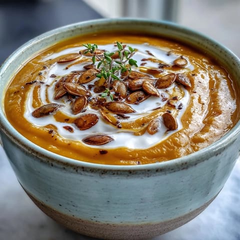 Roasted Butternut Squash Soup in a rustic bowl, topped with seeds and a swirl of cream for a cozy meal.