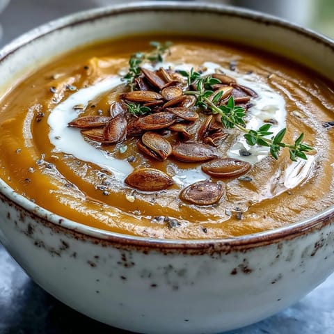 A bowl of creamy Roasted Butternut Squash Soup garnished with thyme and pumpkin seeds, ready to serve.