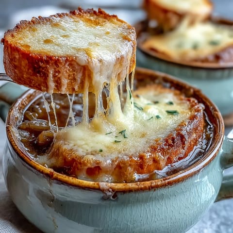 Classic French Onion Soup served steaming hot in an oven-safe crock, featuring thick, toasty bread and melted Gruyère cheese bubbling over rich, golden-brown onion broth.