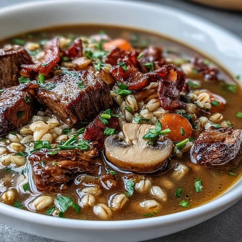 A close-up of Beef and Barley Soup with Mushrooms featuring tender beef, smoky pancetta, and sautéed baby bellas in a rich broth.