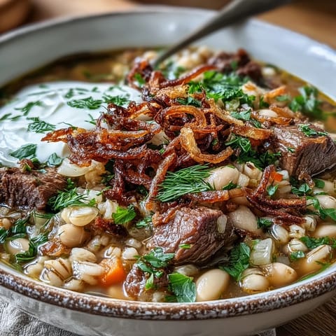 A close-up of hearty beef barley soup, a Persian-inspired main dish with tender beef, beans, lentils, and fresh herbs.