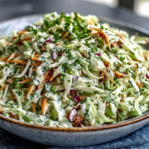 Coleslaw With Creamy Dressing is served chilled, topped with julienned carrots and a sprinkle of celery seed.
