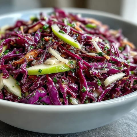 Shredded red cabbage and crisp apple slices in tangy vinaigrette for a vibrant Red Cabbage Coleslaw With Apple and Parmesan.