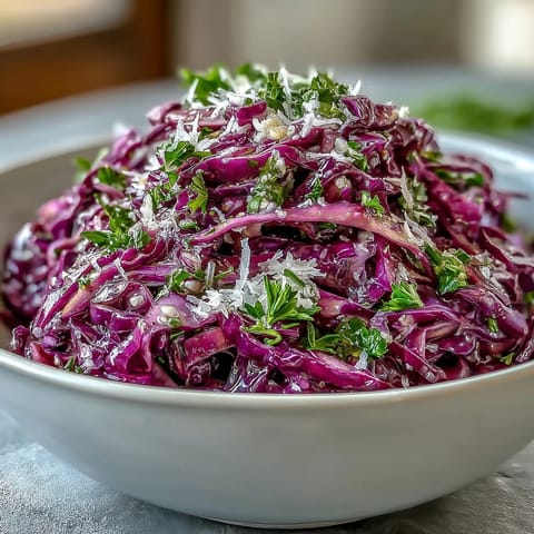 Bright Red Cabbage Coleslaw With Apple and Parmesan topped with shaved cheese, served fresh in a white ceramic salad bowl.