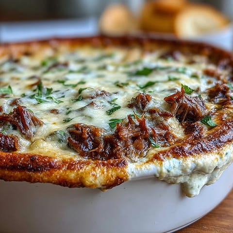 Golden baked Philly Cheesesteak Dip with melted provolone and bubbly top, served on toasted crostini.