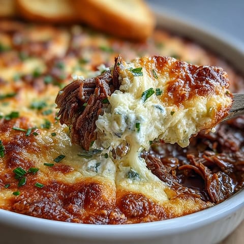 Hearty Philly Cheesesteak Dip loaded with shaved ribeye, sautéed peppers, onions, and creamy cheese.