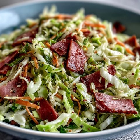 Freshly shredded green and red cabbage tossed with grated carrot, diced red onion, and smoky shredded ham in a tangy apple cider vinegar dressing, garnished with bright parsley for a crunchy, savory side dish.