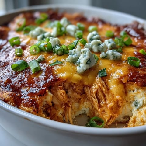 Steaming hot Buffalo Chicken Dip baked until golden and bubbling, served from a dish with crisp celery sticks for dipping.