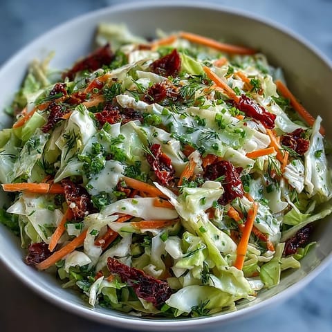 Freshly chopped parsley and dill top this crunchy Cabbage Salad With Sundried Tomatoes for serving.