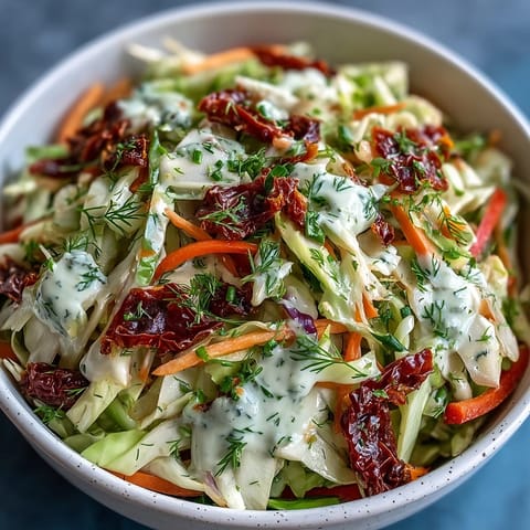 A colorful bowl of Cabbage Salad With Sundried Tomatoes is tossed with a fragrant herby dressing.