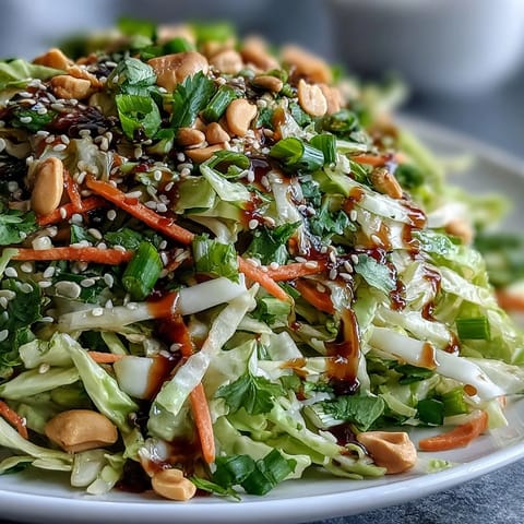 Freshly shredded green and red cabbage tossed in ginger sesame dressing for Asian Cabbage Salad.