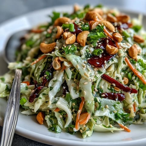 A colorful Asian Cabbage Salad topped with toasted sesame seeds and chopped roasted cashews.
