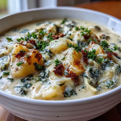 Homemade Creamy Potato Soup with Cabbage ladled beside crusty bread, with visible cabbage and potato chunks.