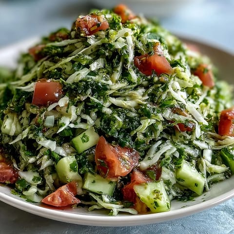 Lebanese Cabbage Salad in a white bowl, featuring finely shredded cabbage, diced tomatoes, and fresh herbs.