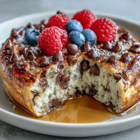 A fluffy, single-serve Baked Protein Pancake Bowl finished with peanut butter and chocolate chips for a satisfying breakfast.