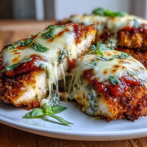 Sliced Pesto Chicken Parmesan reveals juicy, tender meat layered with fresh basil pesto and marinara, served on a white plate for a delicious weeknight meal.