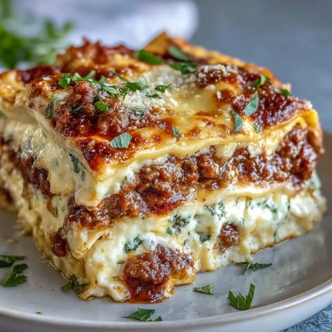 Fresh basil garnish accents steaming slices of Worlds Best Lasagna on a rustic plate, ready for a family dinner.
