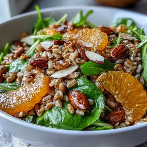 Freshly cooked farro salad bowl with crisp fennel, juicy orange slices, and toasted almonds tossed in a zesty vinaigrette.