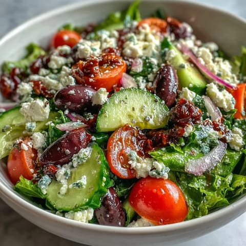 This fresh Mediterranean Green Salad Bowl is topped with crumbled feta, olives, and juicy tomatoes, perfect alongside grilled chicken.