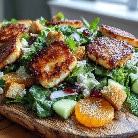 A generous drizzle of zesty sumac dressing coats the warm Halloumi Blood Orange Fattoush salad, featuring juicy citrus and herbs.
