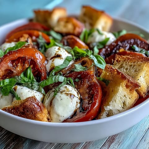 A vibrant Caprese Salad Bowl features golden toasted bread, juicy tomato slices, and creamy mozzarella drizzled with balsamic glaze. 
