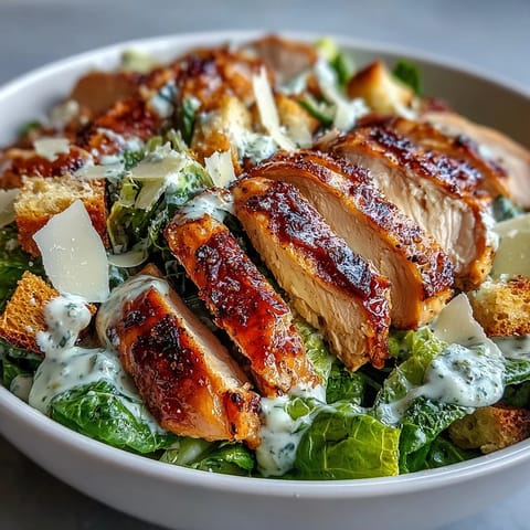 Juicy grilled chicken slices over crisp romaine lettuce for a Caesar Chicken Bowl.