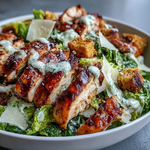 Shredded parmesan and crunchy croutons top this fresh Caesar Chicken Bowl.