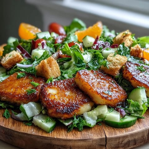 Golden-fried halloumi and blood orange slices top a vibrant Halloumi Blood Orange Fattoush salad with fresh greens and crispy croutons.