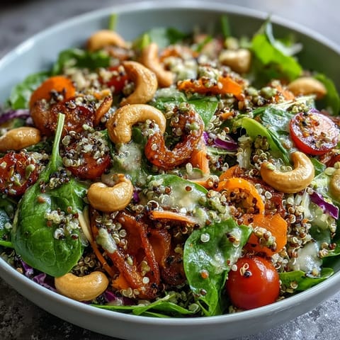 Rainbow Salad Bowl with colorful vegetables, grains, and beans, drizzled with zesty lemon dressing for a fresh, healthy meal.  