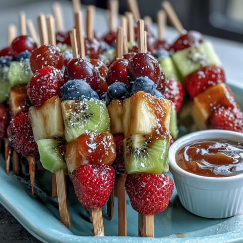 Fun Kid Lunch Bento Box with Fruit Skewers and Dip: Colorful fruit skewers paired with creamy yogurt dip, surrounded by mini sandwiches and veggie sticks for a playful, nutritious lunch.