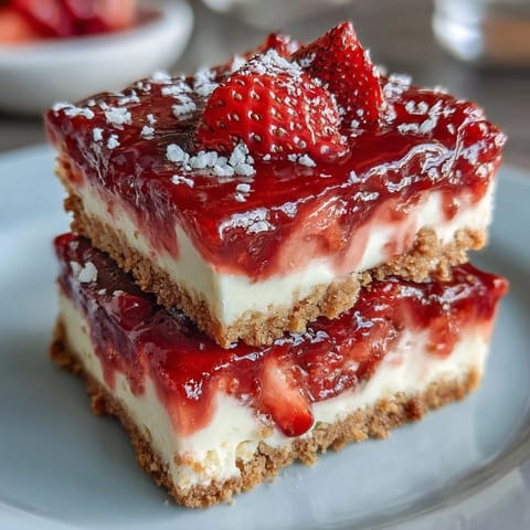 Bright pink strawberry lemon filling on golden shortbread crust, perfect for summer picnics and potlucks.  