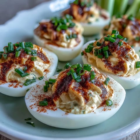 Classic Deviled Eggs with Paprika and Chives arranged on a white platter, garnished with smoky paprika and fresh chives for a vibrant appetizer.