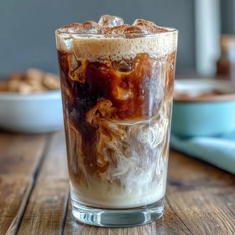 Creamy iced brown sugar oat milk shaken espresso with cinnamon, served over ice in a tall glass.