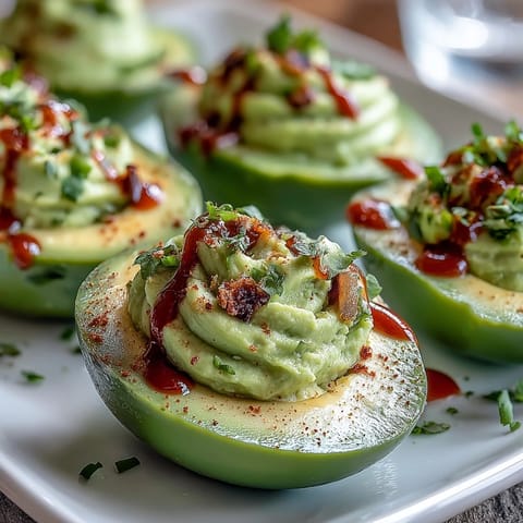 Vibrant deviled eggs filled with avocado-lime mixture and finished with a bold Sriracha kick for extra heat.